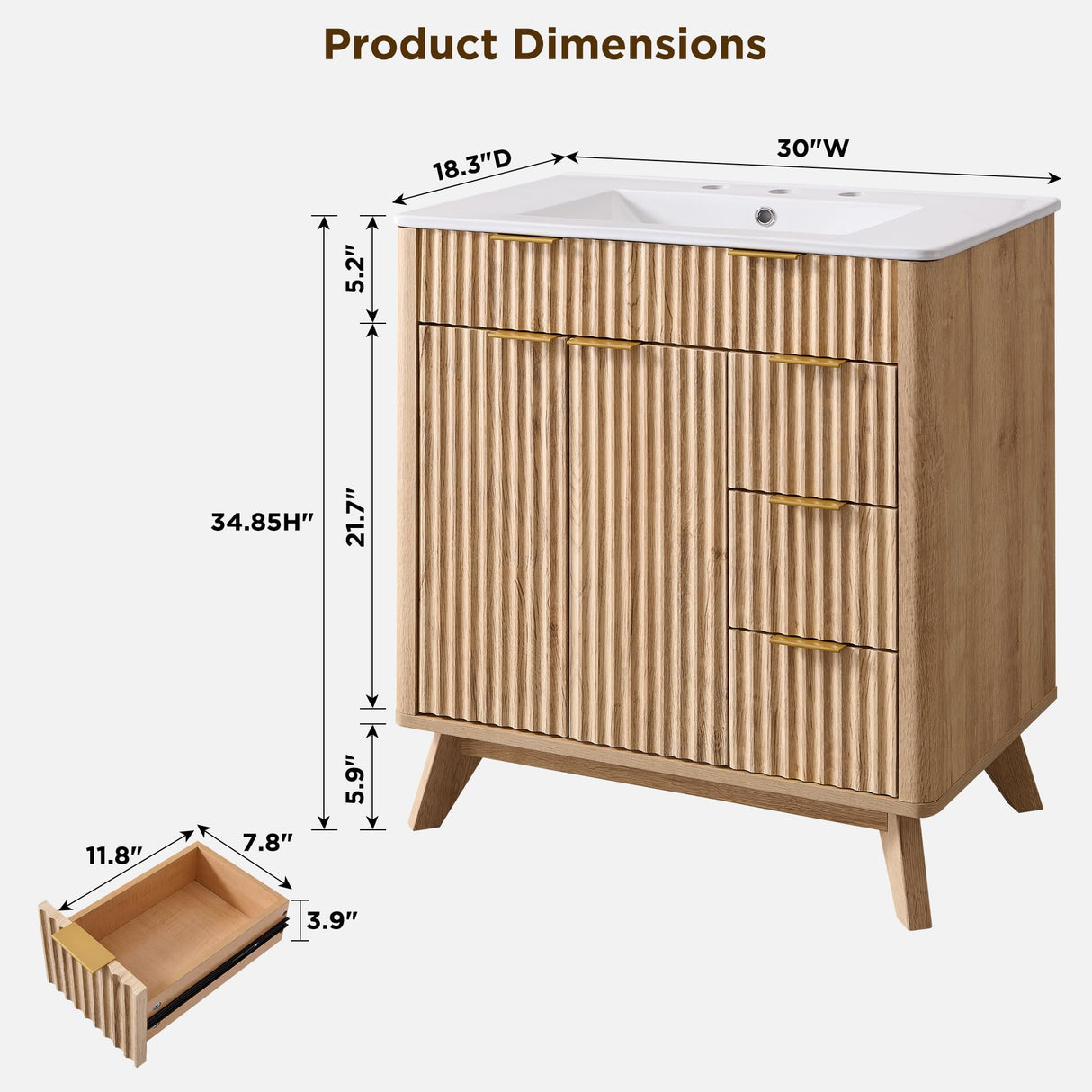 T4TREAM 30" Fluted Bathroom Vanity with Ceramic Sink Combo，Freestanding Modern Bathroom Storage Vanity Cabinet with 2 Soft Closing Doors & 3 Drawers，Wood Grain Texture，Metal Handle，Natural Oak T4TREAM