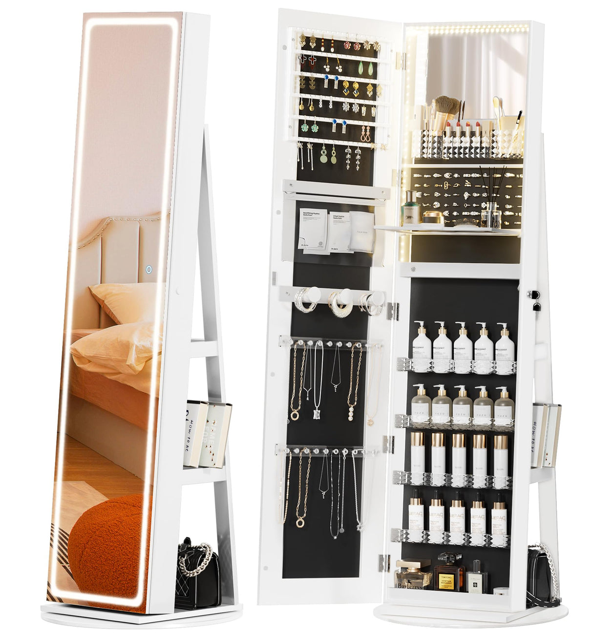 TJYGO LED Mirror Jewelry Cabinet Standing, with Full-Length Mirror and Adjustable LED Lights, Lockable Jewelry Armoire, 360° Swivel Jewelry Storage TJYGO