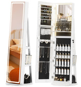 TJYGO LED Mirror Jewelry Cabinet Standing, with Full-Length Mirror and Adjustable LED Lights, Lockable Jewelry Armoire, 360° Swivel Jewelry Storage TJYGO