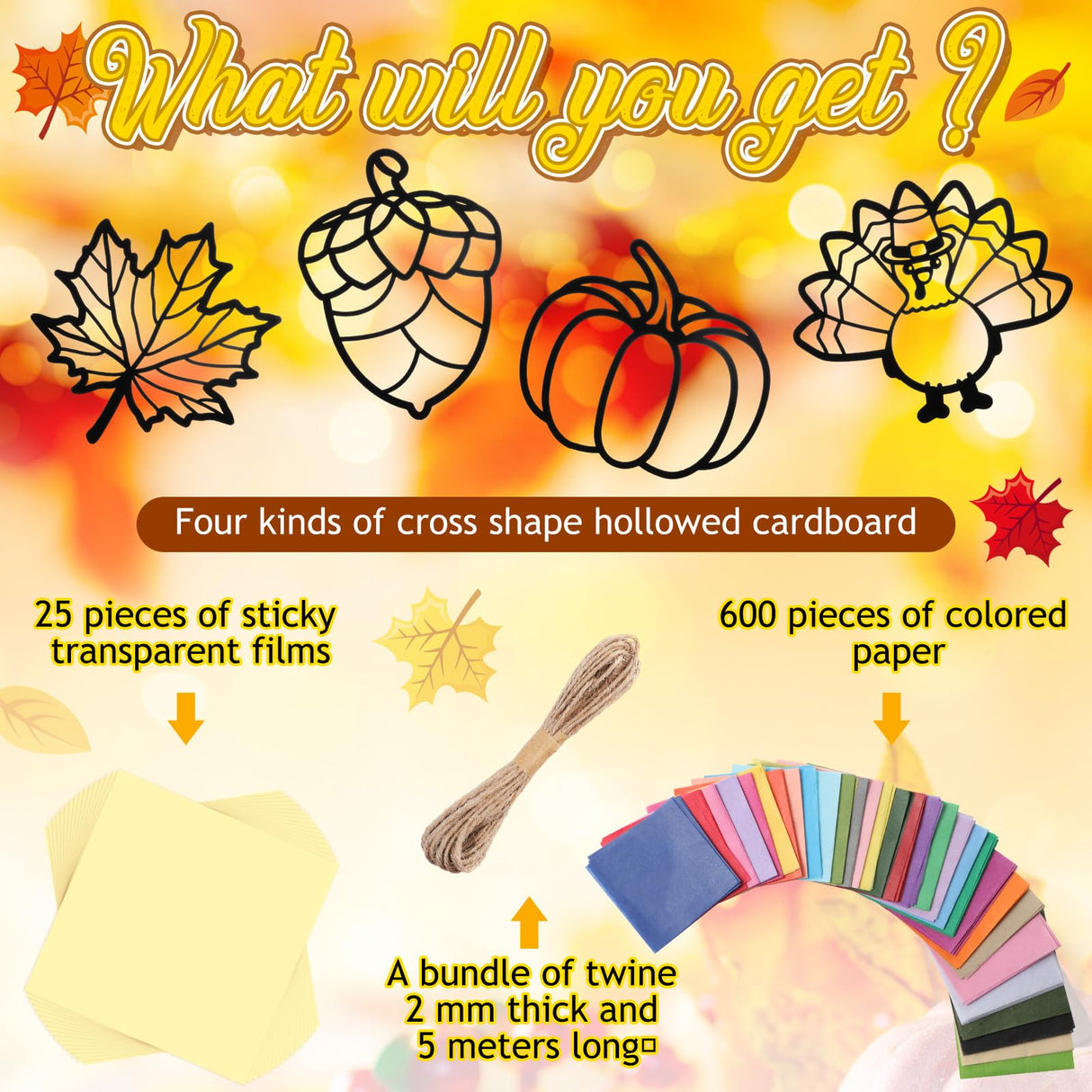 Tinlade 24 Pack Fall DIY Suncatcher Paper Crafts Stained Glass Effect Paper Suncatchers, 600 Tissue Papers, Window Art Arts and Crafts for Thanksgiving Halloween Party Favors Tinlade