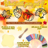 Tinlade 24 Pack Fall DIY Suncatcher Paper Crafts Stained Glass Effect Paper Suncatchers, 600 Tissue Papers, Window Art Arts and Crafts for Thanksgiving Halloween Party Favors Tinlade