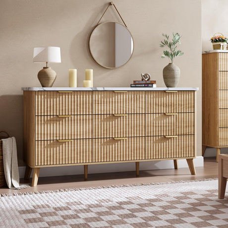 Fluted Dresser for Bedroom with 9 Deep Drawers, 60.6" Wide Modern Chest of Drawer with Faux Marble Top, Wooden Dresser TV Stand, Curved Profile Design, for Living Room, Kids Room, Hallway, Natural Oak GarveeHome