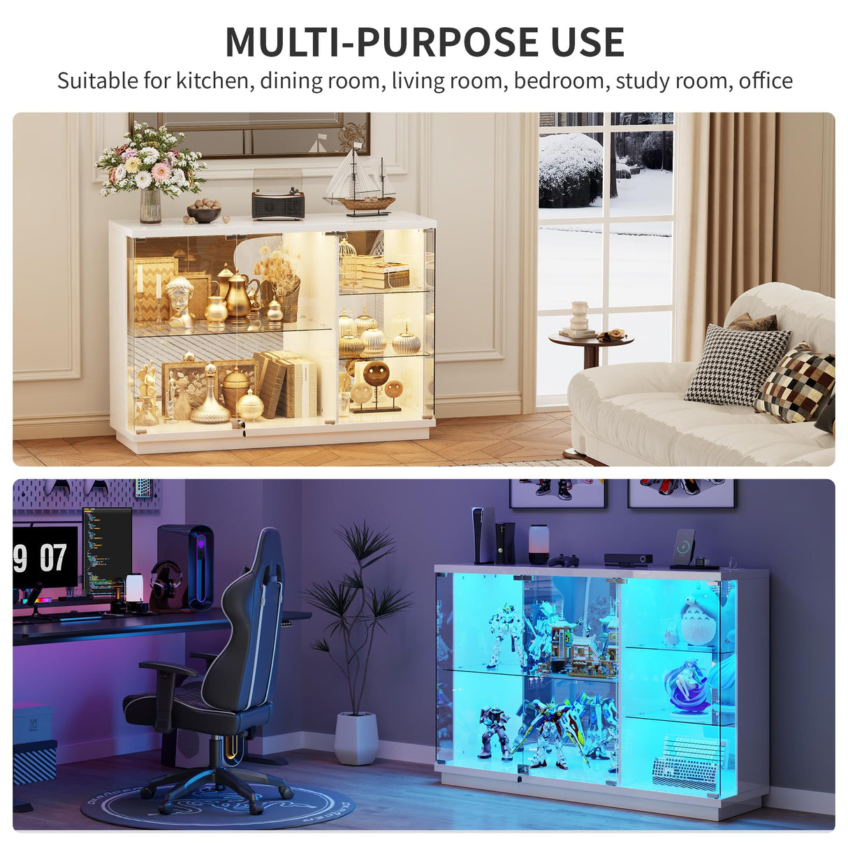 HNEBC Lockable Display Curio Cabinet with Glass Door,47.2" W Glass Display Cabinet with 3 Color Lights for Collectibles,5-Tier Lighted Display Case with Human Sensor,Living Room,White HNEBC