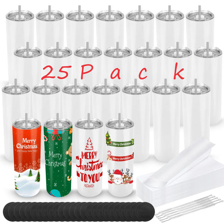 Joyclub 25 Pack Sublimation Tumblers 20 oz Bulk Blank Tumblers Skinny Straight Flat Edge Cups White with Lid and Straw for Heat Press Joyclub