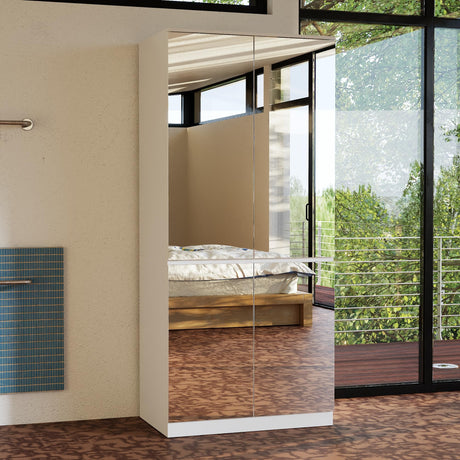 WOODTIME Wardrobe Closet with All Mirror, Wooden Armoire with 4 Doors & Hanging Rod, Clothes Storage Cabinet Organizer for Bedroom Apartment, White WOODTIME