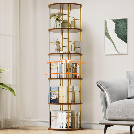 Flycity 5 Tier Rotating Bookshelf, 360° Corner Bookshelf Tower, Round Revolving Bookcase with Special Visible Partition Storage, Narrow Book Shelf Organizer for Living Room, Small Space, Gold Flycity