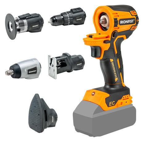 IRONFIST Cordless Power Tool Combo Kit Compatible with DEWALT 20V Battery, Brushless Electronic Chip Startup, 5 Head Impact Drill, Impact Wrench, Jigsaw, Sander, Trimmer Router (NO BATTERY) IRONFIST