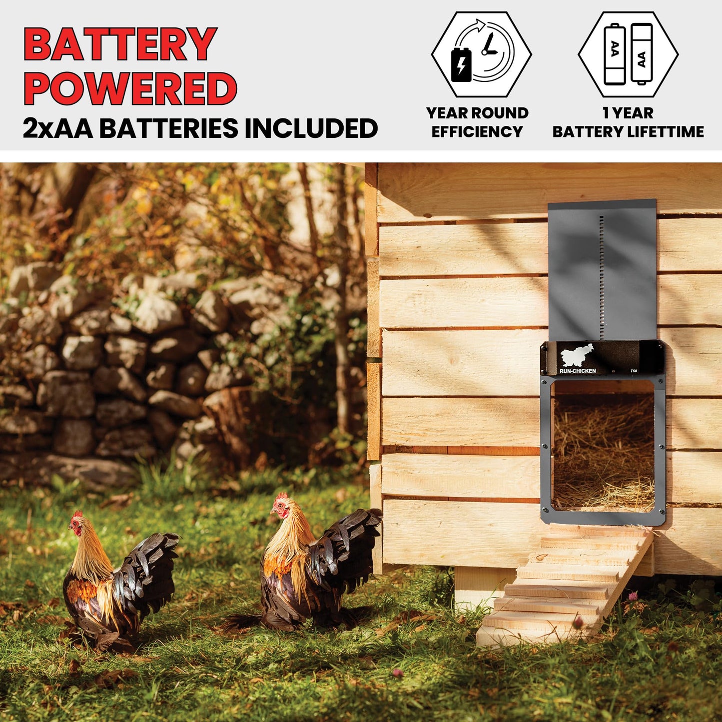 RUN-CHICKEN Door (Gray) Automatic Chicken Coop Door, Programmable with App, Battery Operated, Evening and Morning Delay, Aluminum Door, Electric Chicken Run Door, Model T50