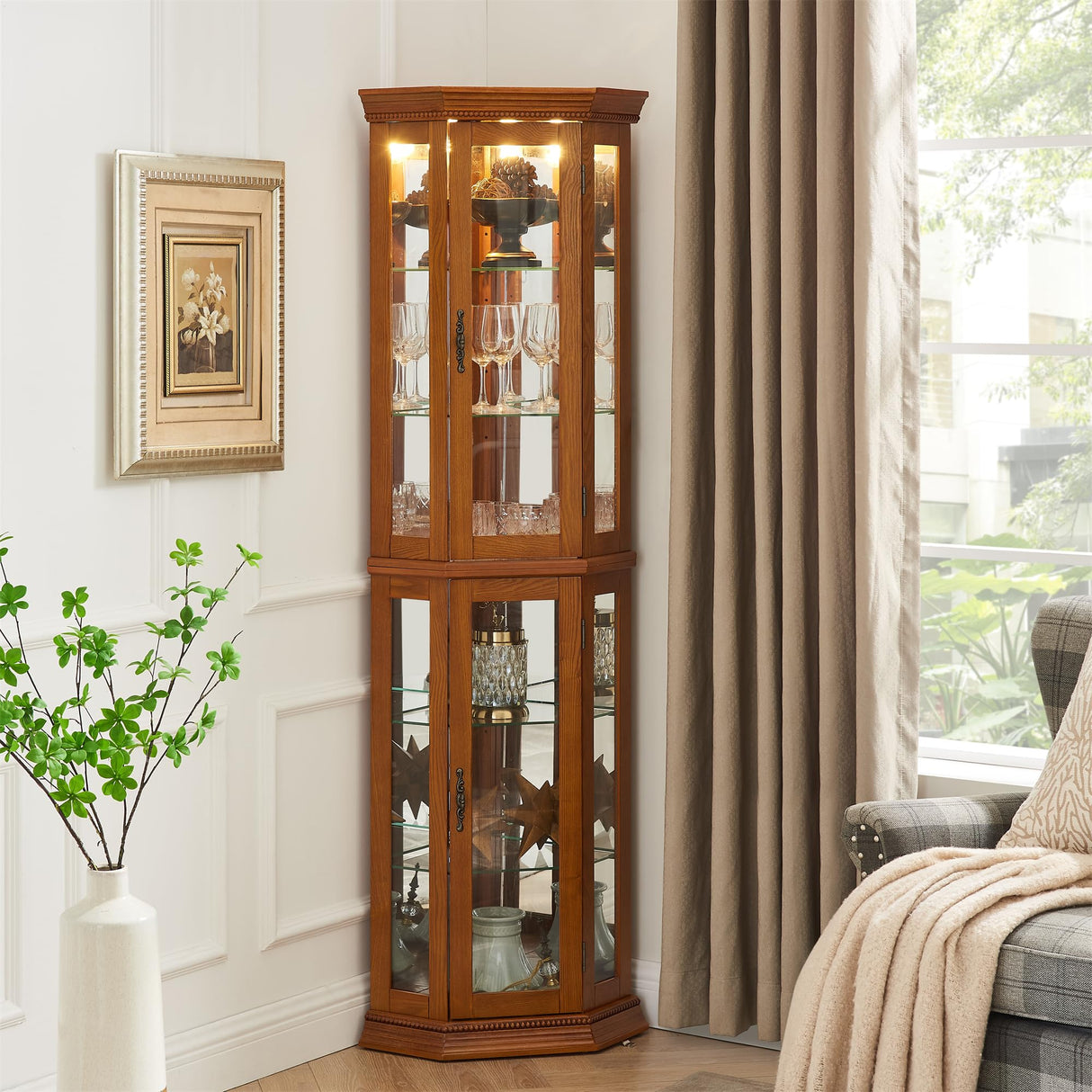 Henf 69.5" Tall Corner Cabinet, Lighted Glass Display Curio Cabinet with Glass Doors, Adjustable Shelves and Mirrored Back Panel,Curved Wood Corner Curio Storage Rack for Living Room, Bedroom Henf