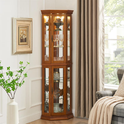 Henf 69.5" Tall Corner Cabinet, Lighted Glass Display Curio Cabinet with Glass Doors, Adjustable Shelves and Mirrored Back Panel,Curved Wood Corner Curio Storage Rack for Living Room, Bedroom