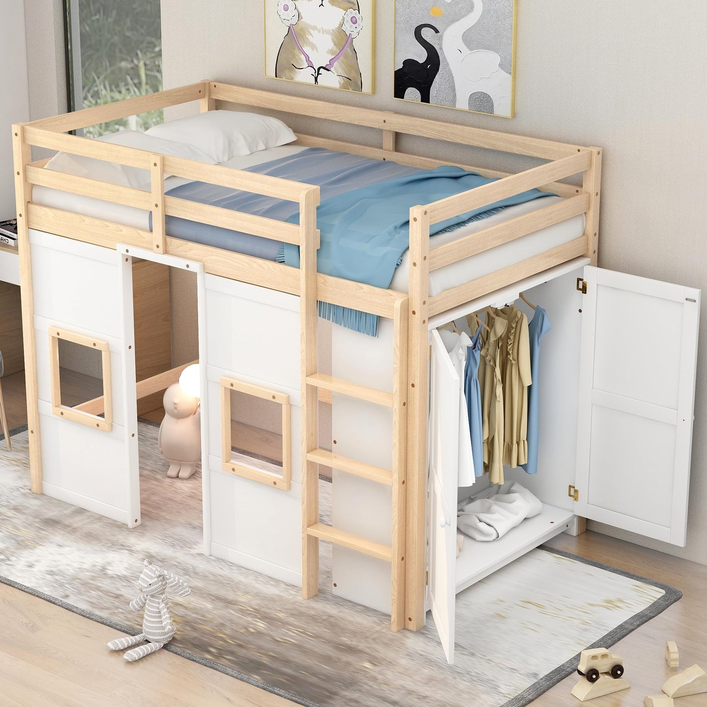 Harper & Bright Designs Twin Size Loft Bed with Storage Wardrobe, Playhouse Design, Guardrail & Ladder in Natural & White - WoodArtSupply