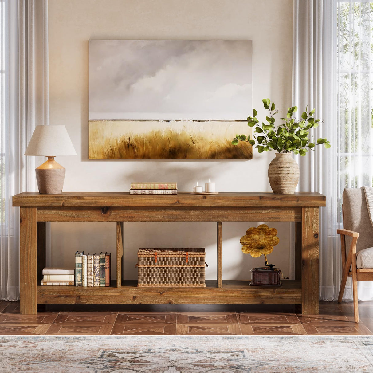 Tribesigns 63" Solid Wood TV Stand, Entertainment Center for 65 inch TVs, Farmhouse Style with 3 Open Storage Shelves, Rustic Brown Console for Living Room Bedroom, Fits 55 60 65 75 Inch Television Tribesigns