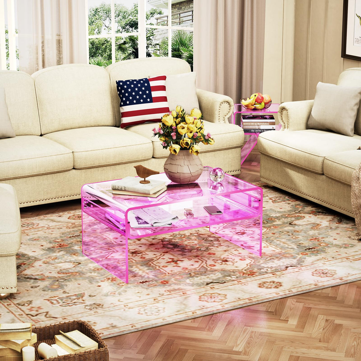 solaround Acrylic Coffee Table for Living Room Clear Rectangle Lucite Table with Open Storage Shelf (1, Pink, Large) solaround