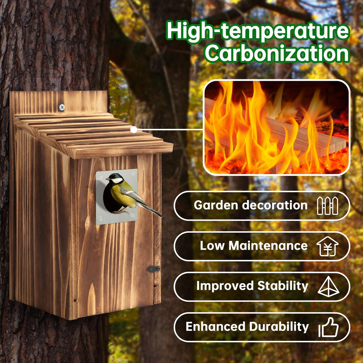 2 Pack Bird Houses for Outside with Metal Predator Guard for Bluebird Wren Swallow Finch, Carbonized Wooden Nesting Boxes for Outdoor, Sturdy Bird House,Easy to Clean UUMENHA