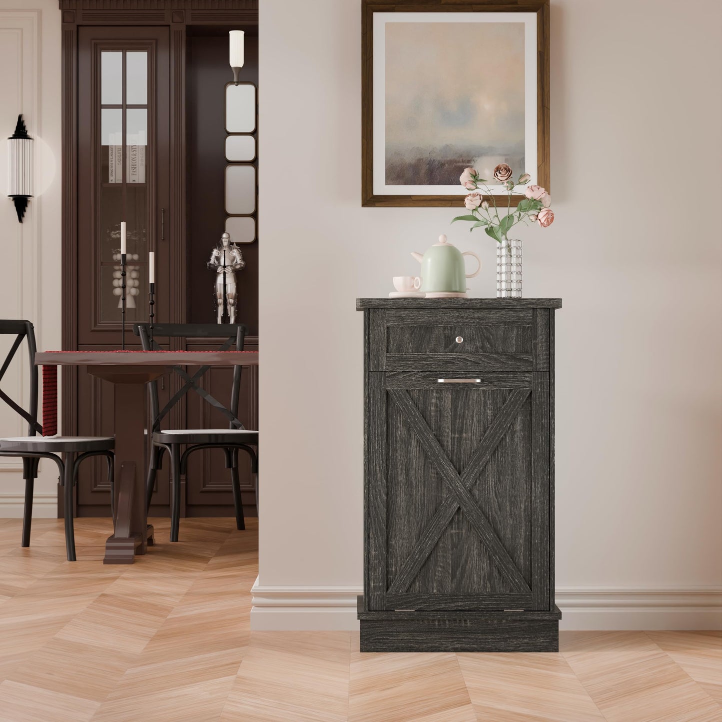 TOLEAD Tilt Out Trash Cabinet Free Standing 10 Gallon Wooden Trash Can Cabinet with Barn Door for Farmhouse Kitchen,Living Room, Dining Room, Oak Grey - WoodArtSupply