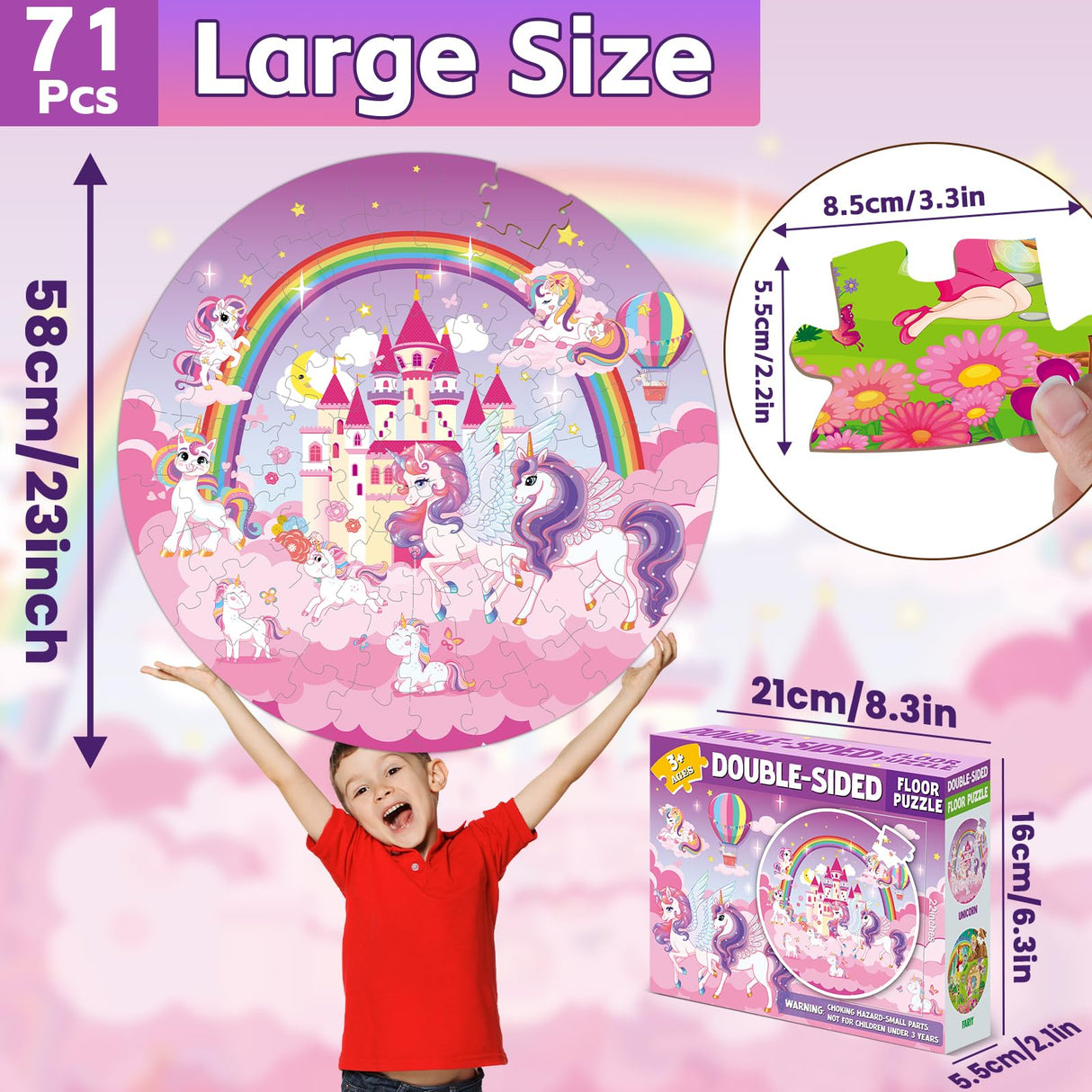 71Pcs Unicorn Fairy Jigsaw Puzzles for Girls Ages 3-5 Fairy Double Sided Puzzle for Kids Rainbow Castle Round Floor Puzzles Xmas Party Supplies Preschool Brain Teaser Educational Toys ZOIIWA