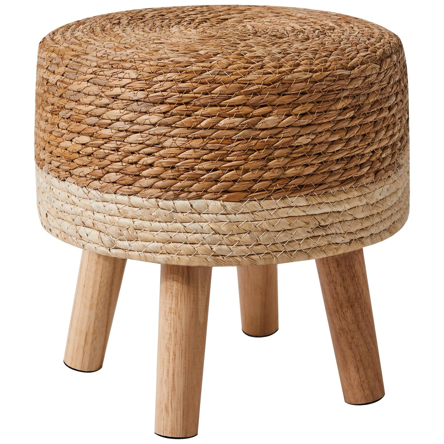 YMYNY Foot Stool Natural Seagrass Hand Weave, 12.6" Small Ottoman, Round Footrest for Living Room, Bedroom, Entryway, Change Shoes Stool, Non-Skid Wood Legs, Boho, Natural+White, UHBD027W - WoodArtSupply