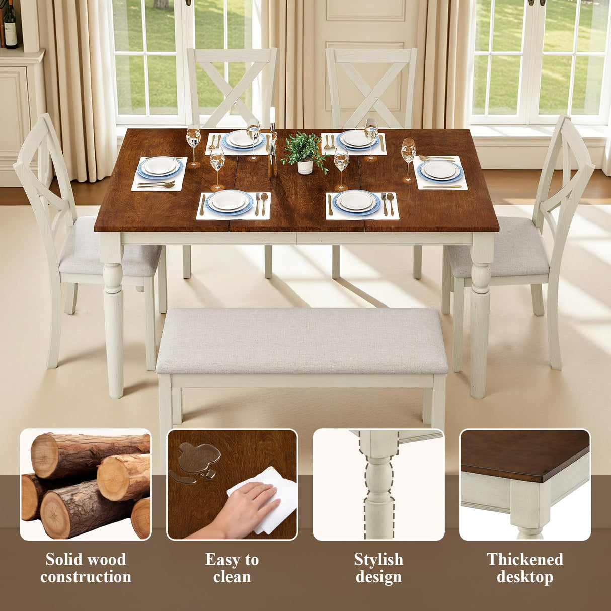LUXOAK 6-Piece Solid Wood Dining Table Set, Upholstered Chair w/Bench Seat, Seating for 6,60'' Farmhouse Wood Kitchen Chairs Set for Living Room, Dining Room, Kitchen, Cream White LUXOAK
