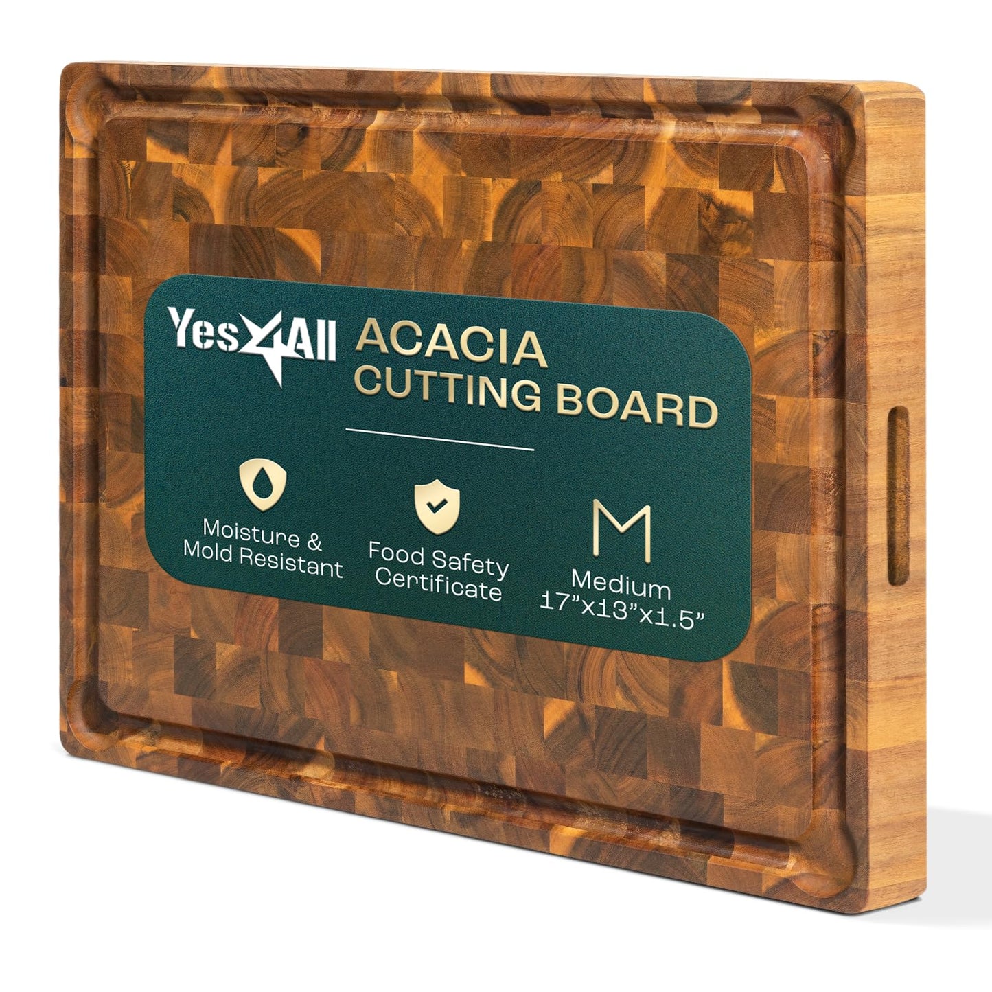 Yes4All Durable Acacia Cutting Boards for Kitchen, [17''Lx13''Wx1.5” Thick] Medium End Grain Cutting Board, Pre Oiled Wood Cutting Boards, Thick Chopping Board w/Juice Grooves and Easy Grip Handle