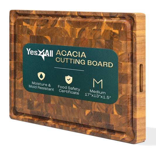 Yes4All Durable Acacia Cutting Boards for Kitchen, [17''Lx13''Wx1.5” Thick] Medium End Grain Cutting Board, Pre Oiled Wood Cutting Boards, Thick Chopping Board w/Juice Grooves and Easy Grip Handle