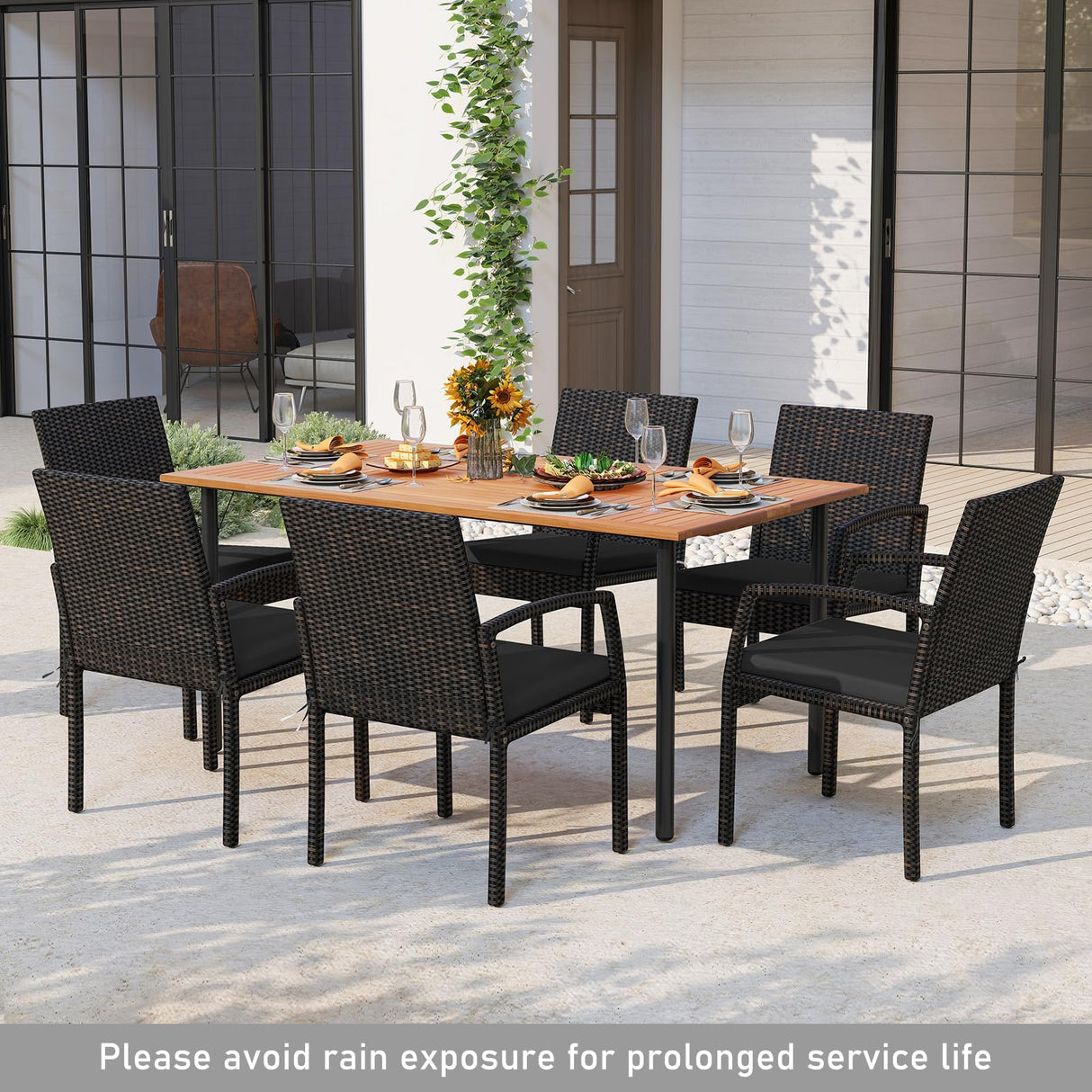 Tangkula 7 Pieces Outdoor Dining Set, Patio Acacia Wood Table and PE Rattan Chairs with Soft Cushions and 2” Umbrella Hole for Deck, Garden and Backyard Tangkula