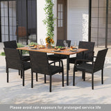 Tangkula 7 Pieces Outdoor Dining Set, Patio Acacia Wood Table and PE Rattan Chairs with Soft Cushions and 2” Umbrella Hole for Deck, Garden and Backyard Tangkula