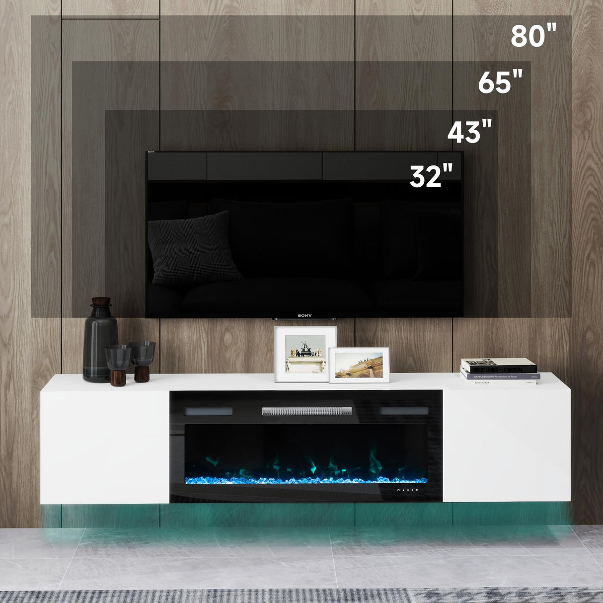 DOVELF 70" Floating TV Stand with 36" Electric Fireplace & LED Lights, Wall Mounted High Gloss Finish Entertainment Center with Storage Cabinets for TVs Up to 80" White DOVELF