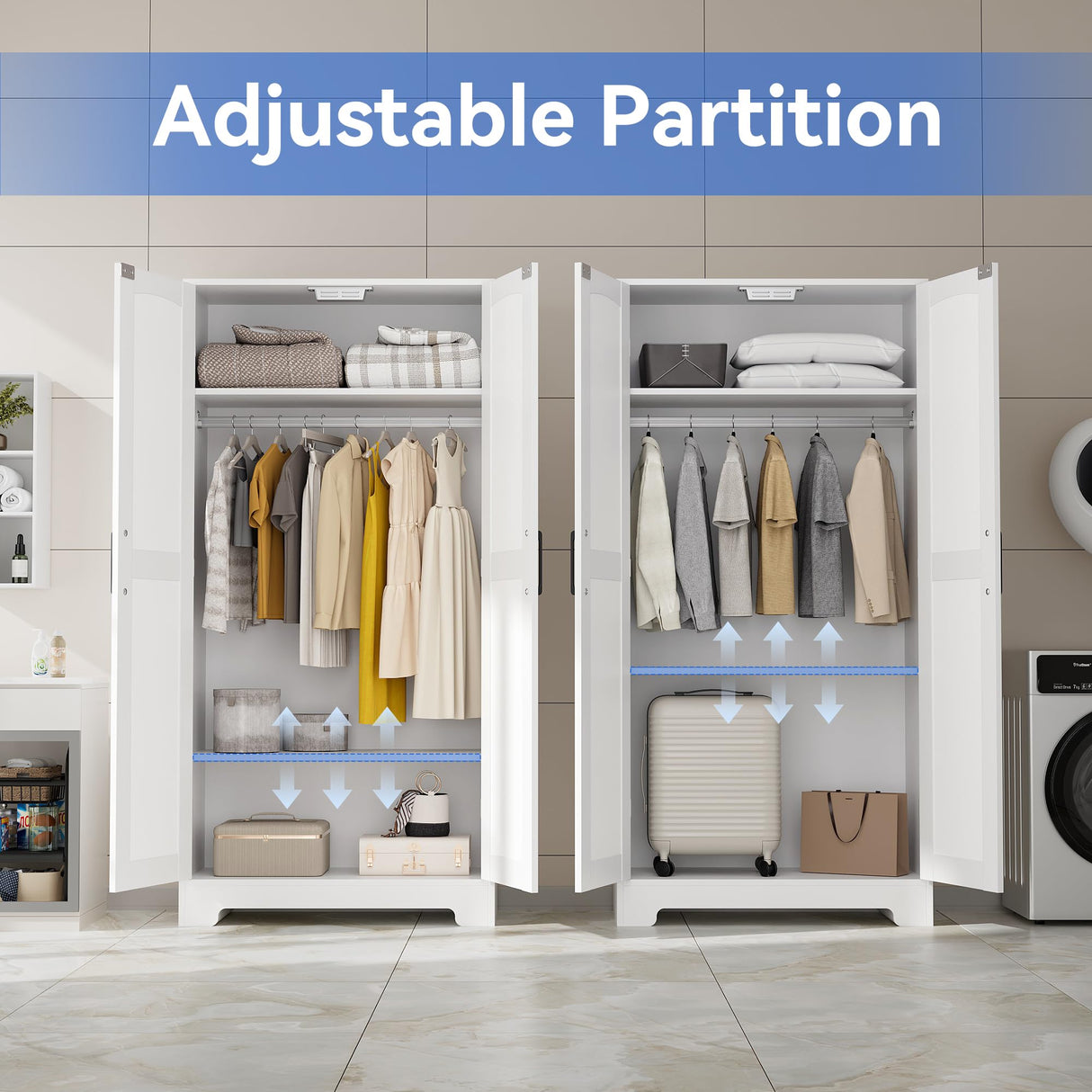 Wooden Armoire Wardrobe Closet, Wardrobe Cabinet with Door and Shelves, Freestanding Bedroom Armoires Clothing Storage Cabinet with Hanging Rod for Bedroom, Laundry Room, Cloak Room（White） Honsiva