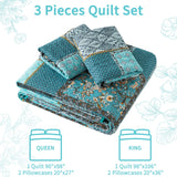 VAPUTAR Oversized King Size Quilt Bedding Set - Cotton California King Size Bedspreads (108 * 118 in) - Lightweight Floral Quilts for Farmhouse Bedroom (Teal/Green Chic, 3 Pieces) VAPUTAR