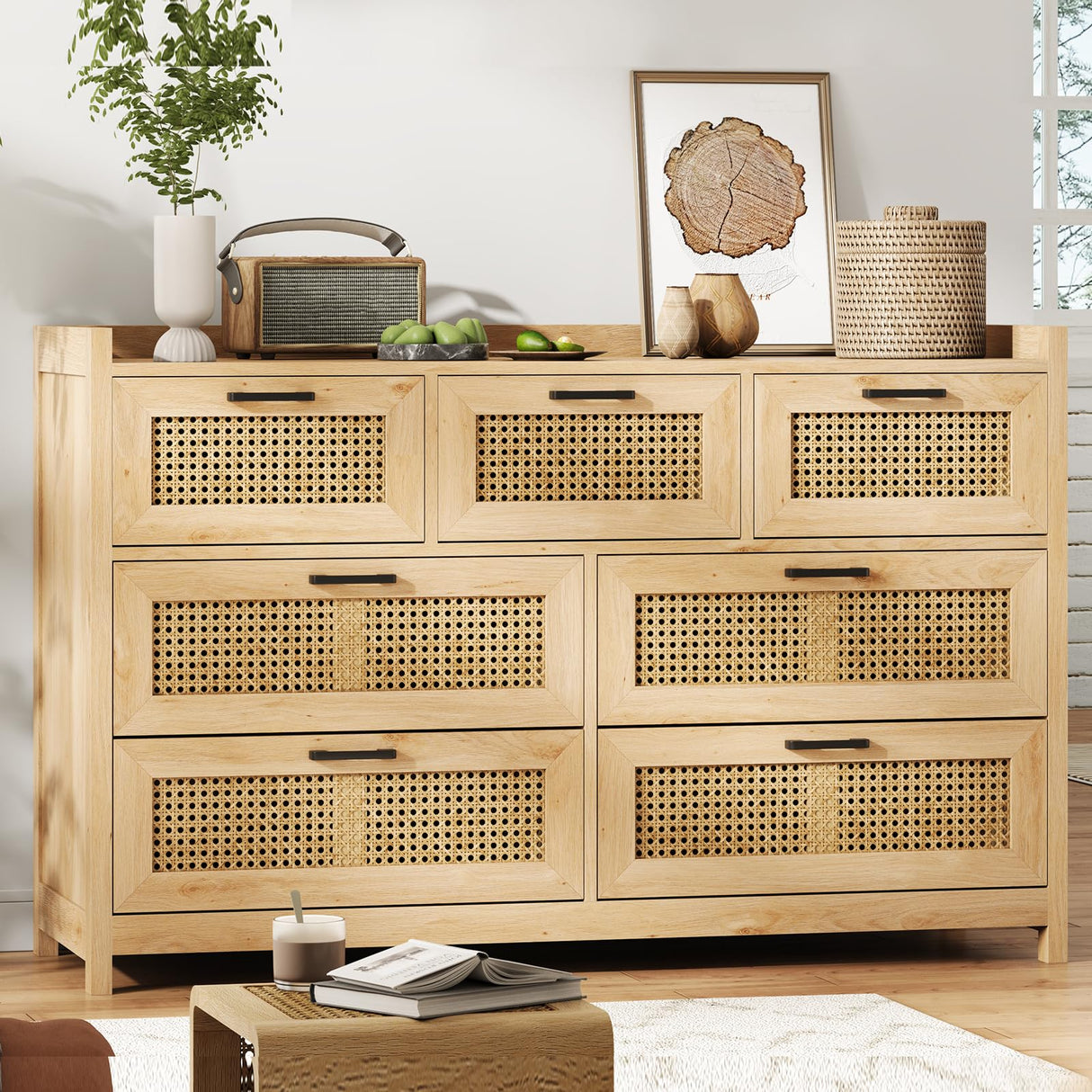 OTMCOOUCH Rattan Dresser for Bedroom with 7 Drawers, Natural Rattan Modern Wooden Wide Led Bedroom Dresser with Led Lights, Chest of Drawers for Bedroom, Living Room (7 Drawers) OTMCOOUCH