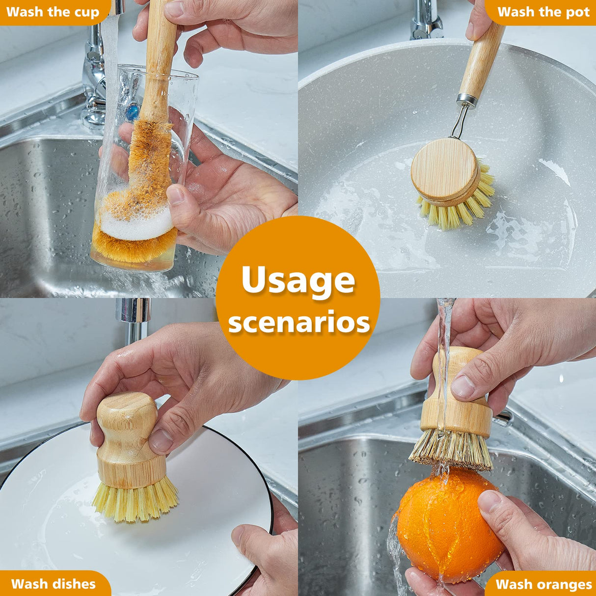 SAMEBUTECO Bamboo Dish Brushes Sets 4 Tools in One Kitchen Clean Dish Scrubber for Pots Pans Bottles with Natural Bristles (Bamboo Brushes Sets) SAMEBUTECO