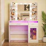 HUAHUU Vanity Desk with Mirror and Lights, Makeup Vanity Desk with Lights 3 Colors, Transparent Top Vanity with 2 RGB Drawers, 6 Shelves, Large Tempered Cabinet, Power Outlet, for Bedroom, White HUAHUU