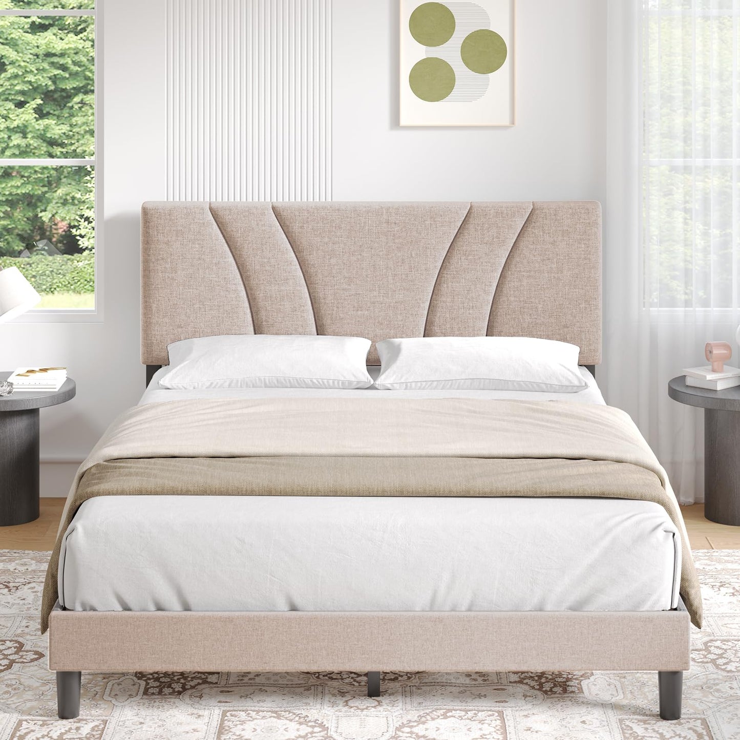 Novilla Adjustable Queen Bed Frame with Linen Upholstered Headboard and Wooden Slat Support - WoodArtSupply