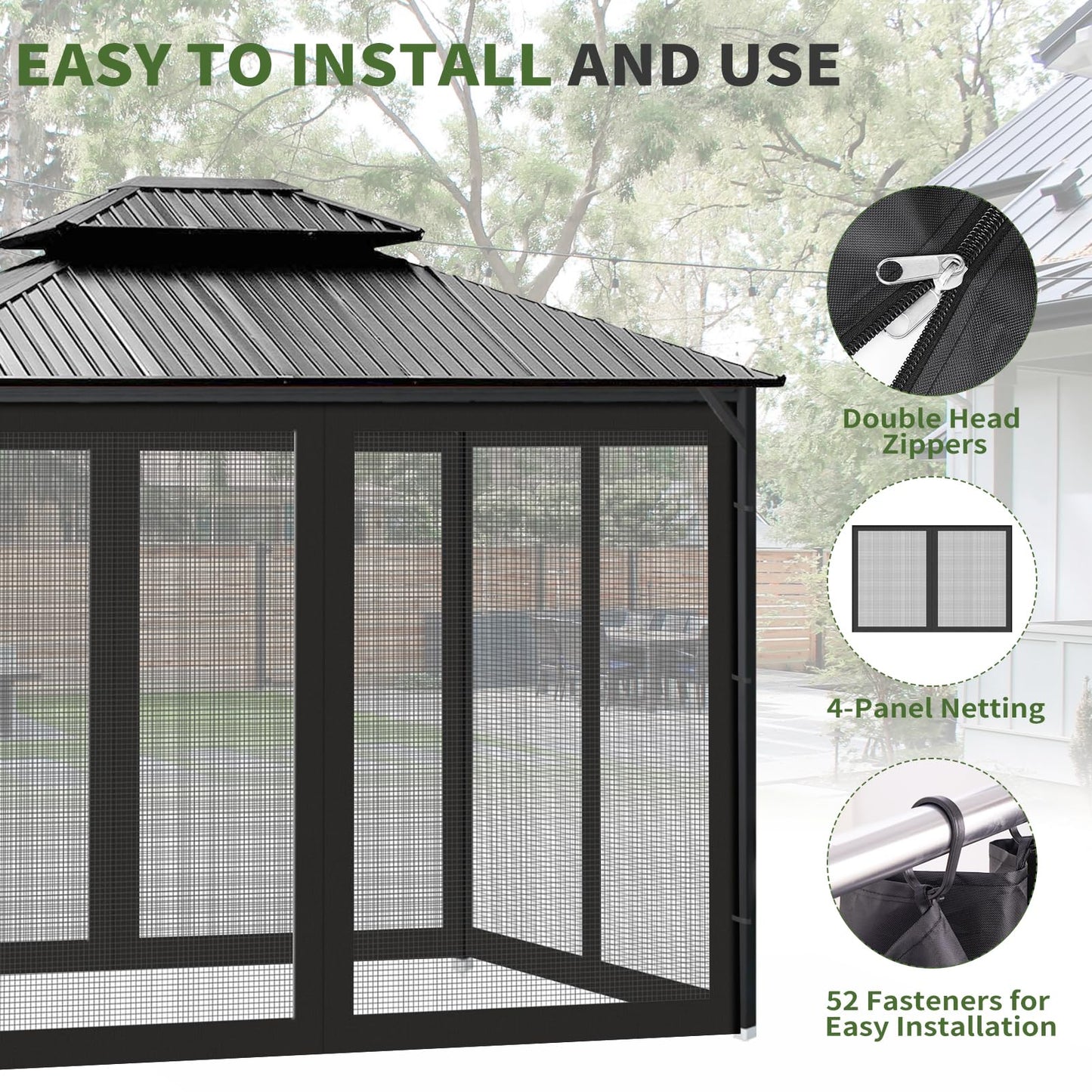 Gazebo Universal Replacement Mosquito Netting, 10' x 10' Outdoor Canopy Net Screen 4-Panel Sidewall Gazebo Curtains, with Zippers, Easy to Install, Fit for Most Gazebo 10x10 Canopy，Patio （Black）