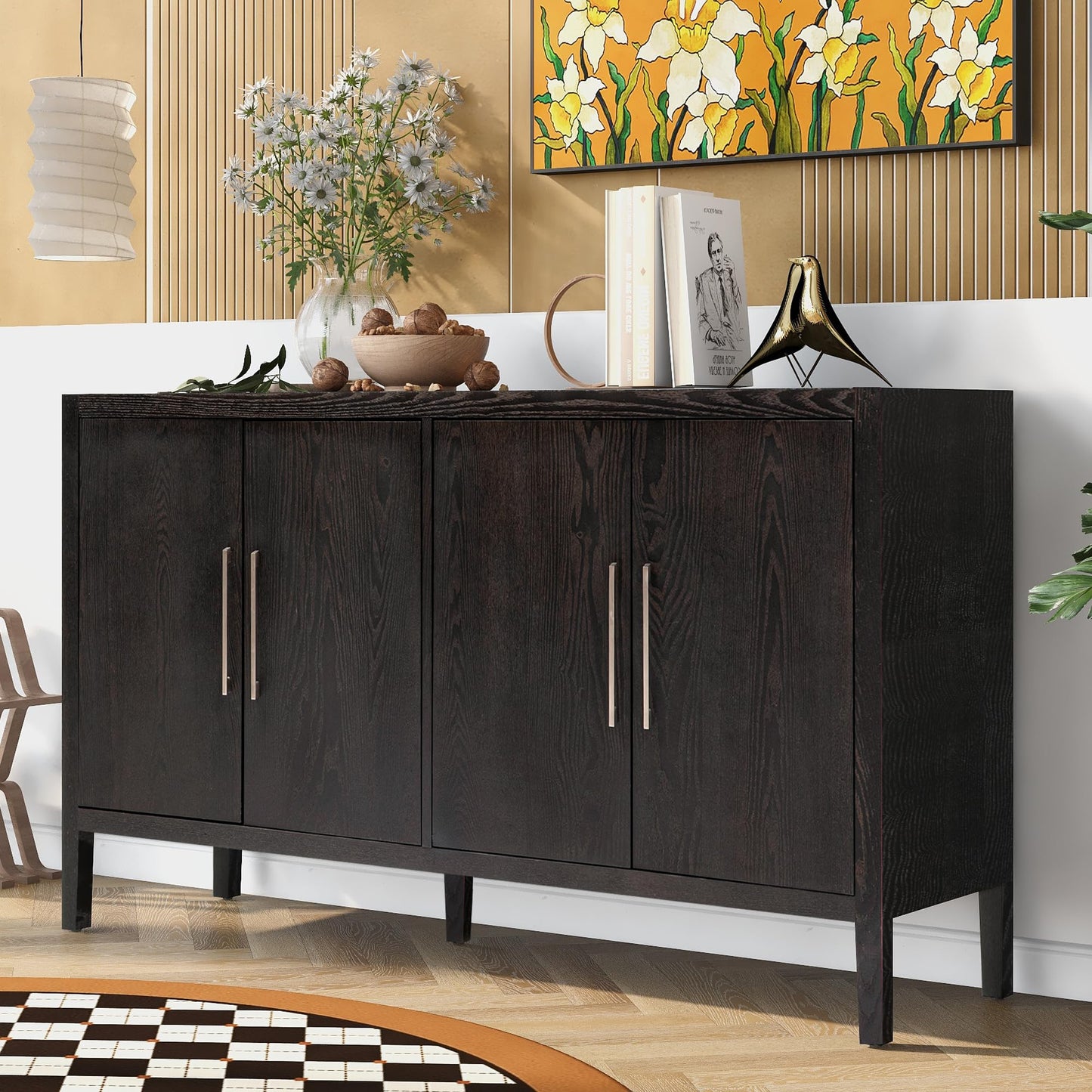 Amposei Sideboard Cabinet 60-Inch Wooden Credenza Storage Console Cabinet Buffet Table with Doors & Adjustable Shelves for Living Dining Room Kitchen, Walnut