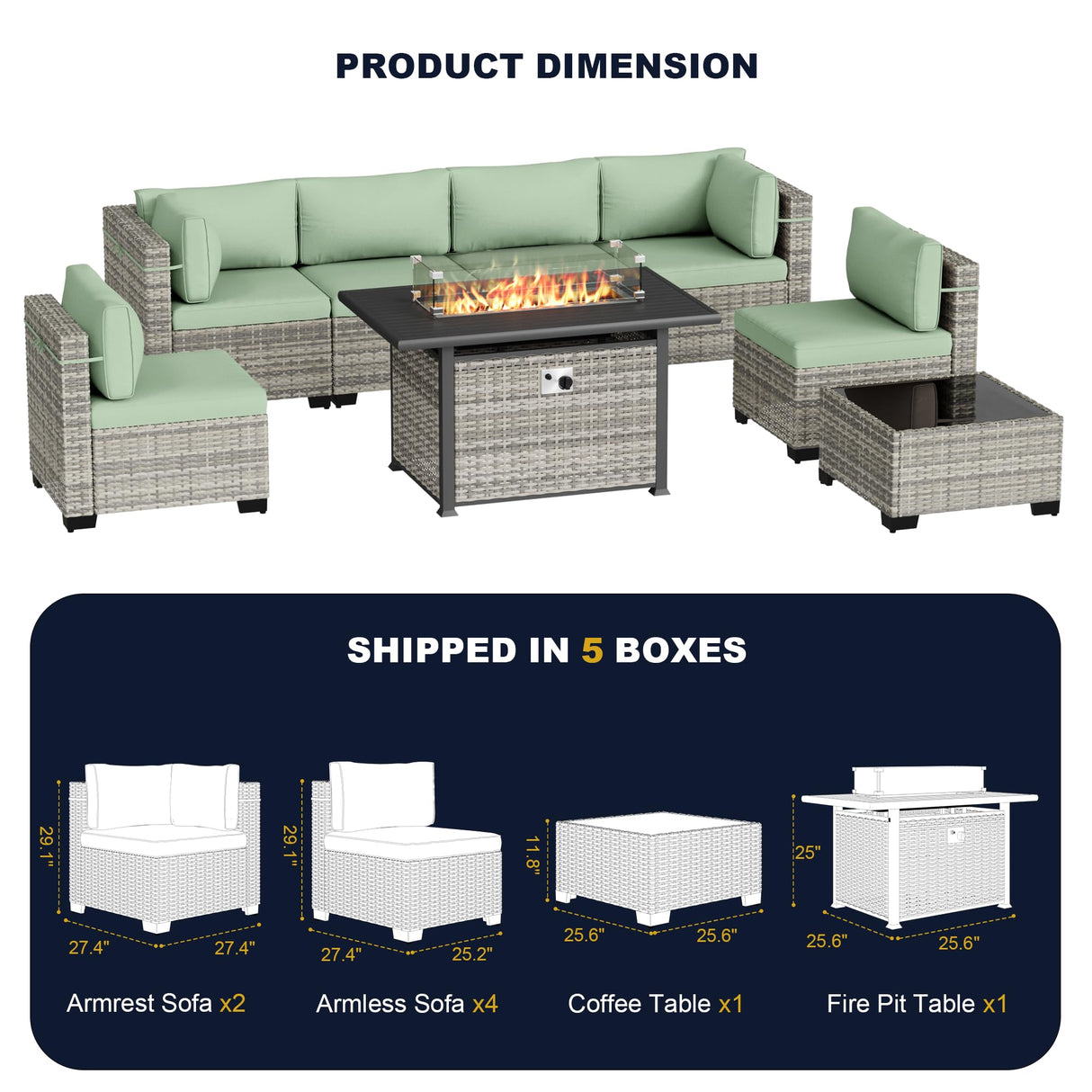 Muphyers 8-Piece Outdoor Patio Furniture Set with 55,000 BTU Fire Pit Table, PE Wicker Rattan Sectional Sofa Conversation Set - All-Weather Garden, Backyard Furniture, Light Green Muphyers