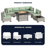 Muphyers 8-Piece Outdoor Patio Furniture Set with 55,000 BTU Fire Pit Table, PE Wicker Rattan Sectional Sofa Conversation Set - All-Weather Garden, Backyard Furniture, Light Green Muphyers