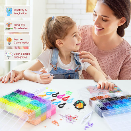 QUEFE Fuse Beads Kit of 72 Assorted Colors, 15000 5mm Beads Craft Kit Including Pegboard, Melting Beads, Ironing Paper, Tweezers & Colorful Hooks, Great Creative Arts and Crafts Set for Girls QUEFE