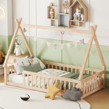 Mirightone Floor Bed for Kids, Twin Size Teepee Tent Beds, Montessori Floor Bed with Slats and Fence Rails, Wood House Bed Frame for Boys Girls, Natural Mirightone