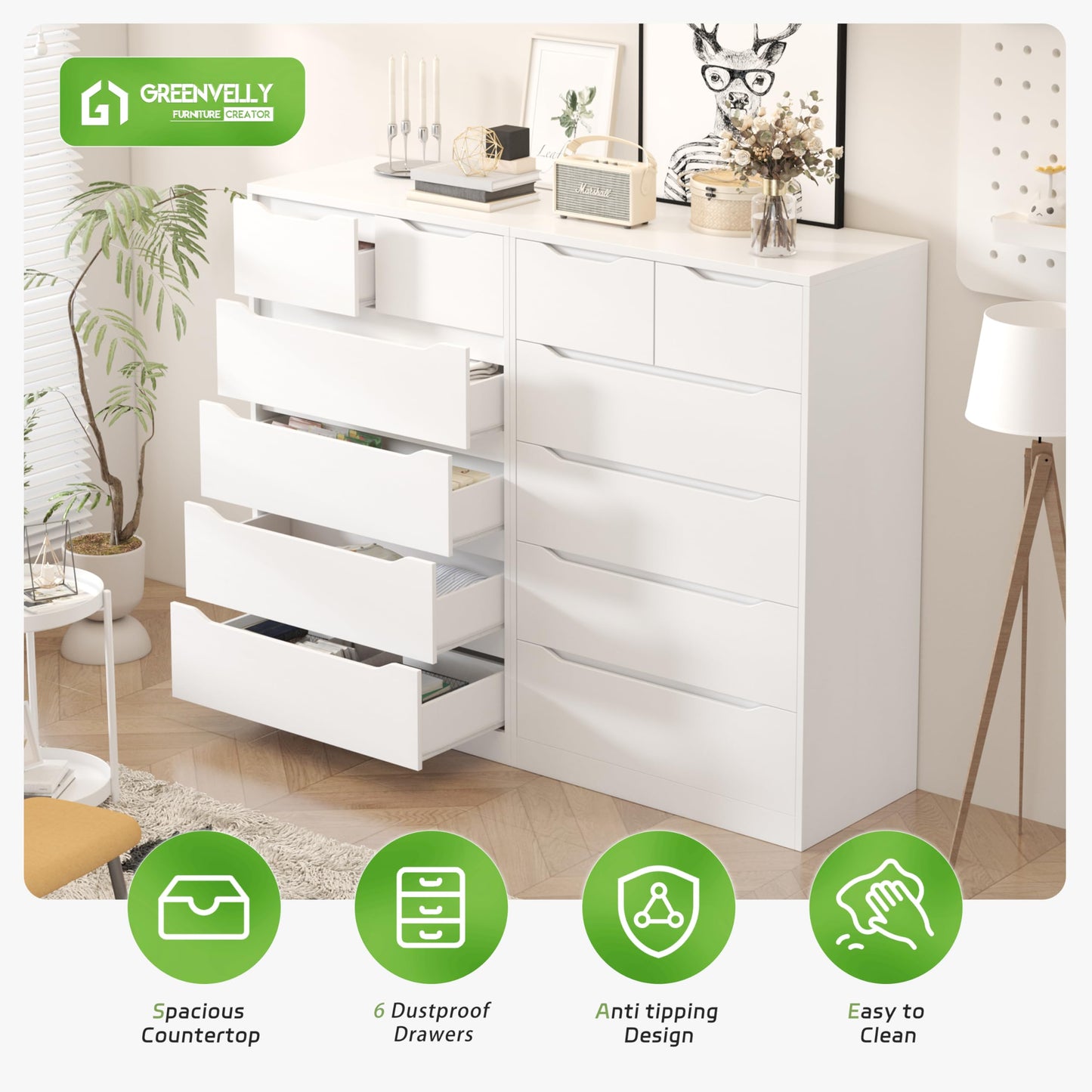 Greenvelly Tall White Dresser, 6 Drawer Dresser, Wood Dresser with 6 Large Drawers for Bedroom, Wooden Dressers & Chests of Drawers, Tall dresser with Smooth Metal Rail for Nursery, Women, Family