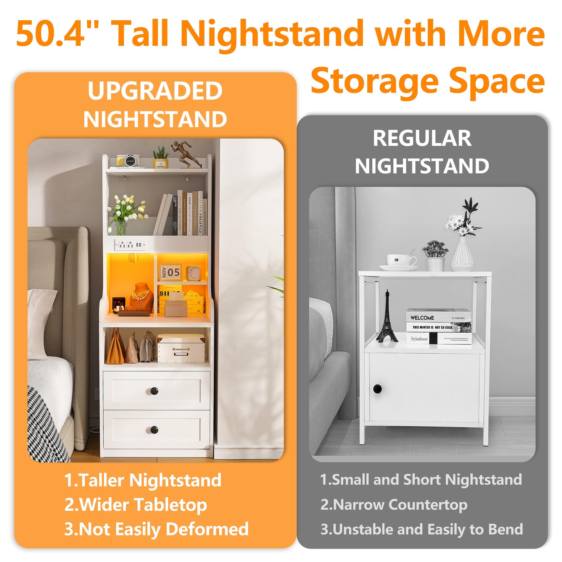 EnHomee Tall LED Nightstands Set of 2 with Charging Station and 2 Drawers in White - WoodArtSupply