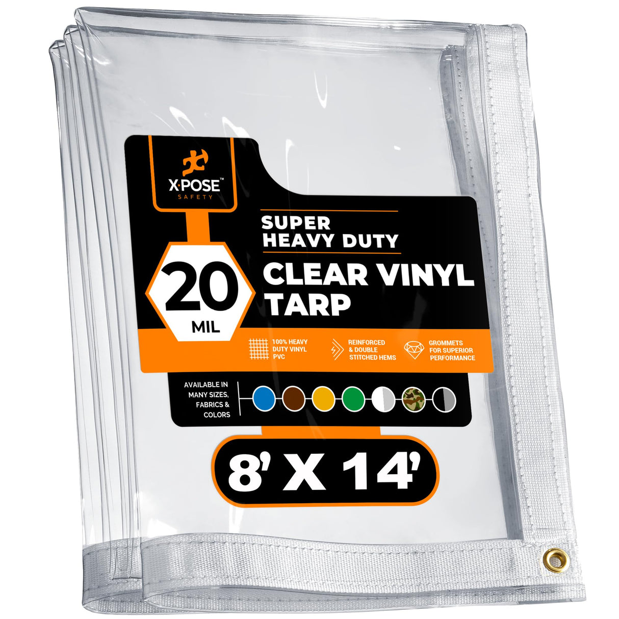 8' x 14' Clear Vinyl Tarp - Super Heavy Duty 20 Mil Transparent Waterproof PVC Tarpaulin with Brass Grommets - for Patio Enclosure, Camping, Outdoor Tent Cover, Porch Canopy - by Xpose Safety Xpose Safety