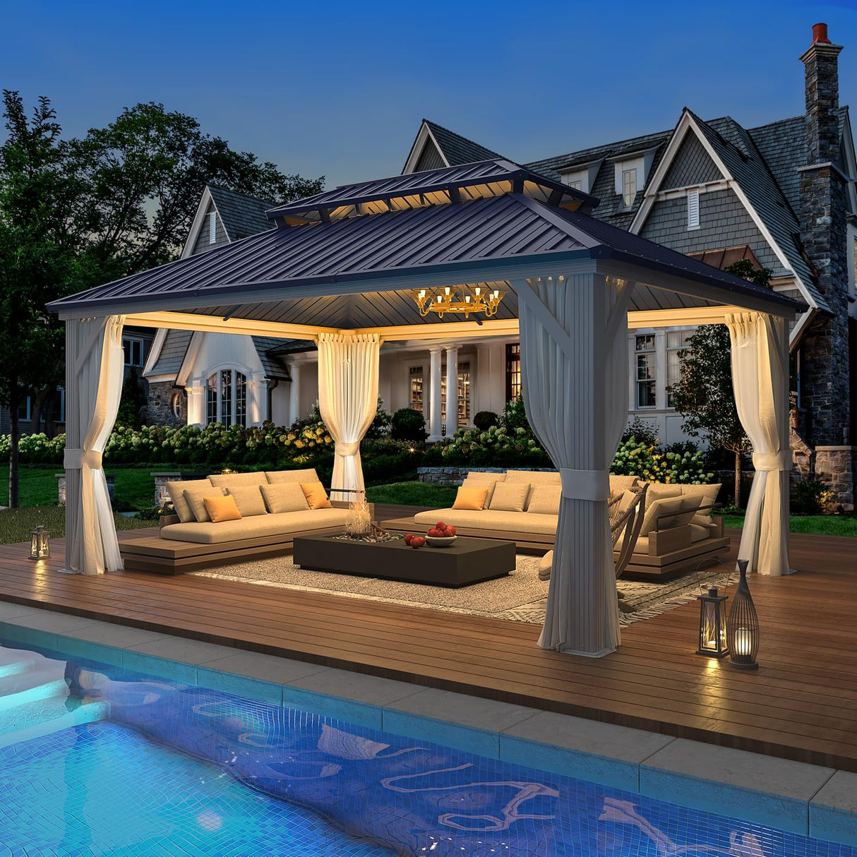 EROMMY 12'x16' Gazebo Hardtop, Galvanized Steel Double Roof Metal Gazebo with Aluminum Frame, Permanent Outdoor Pavilion with Curtain and Netting for Patio Lawn and Garden, Blue EROMMY