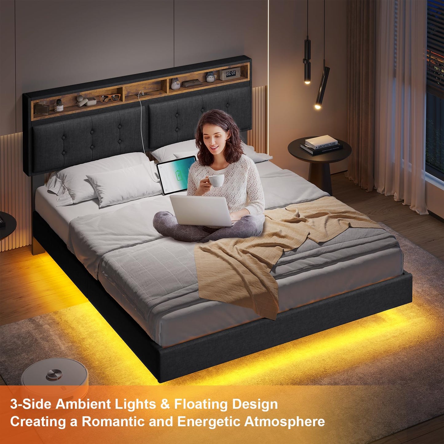 Modern DICTAC Queen Floating Bed Frame with LED Lights and Storage Headboard - WoodArtSupply