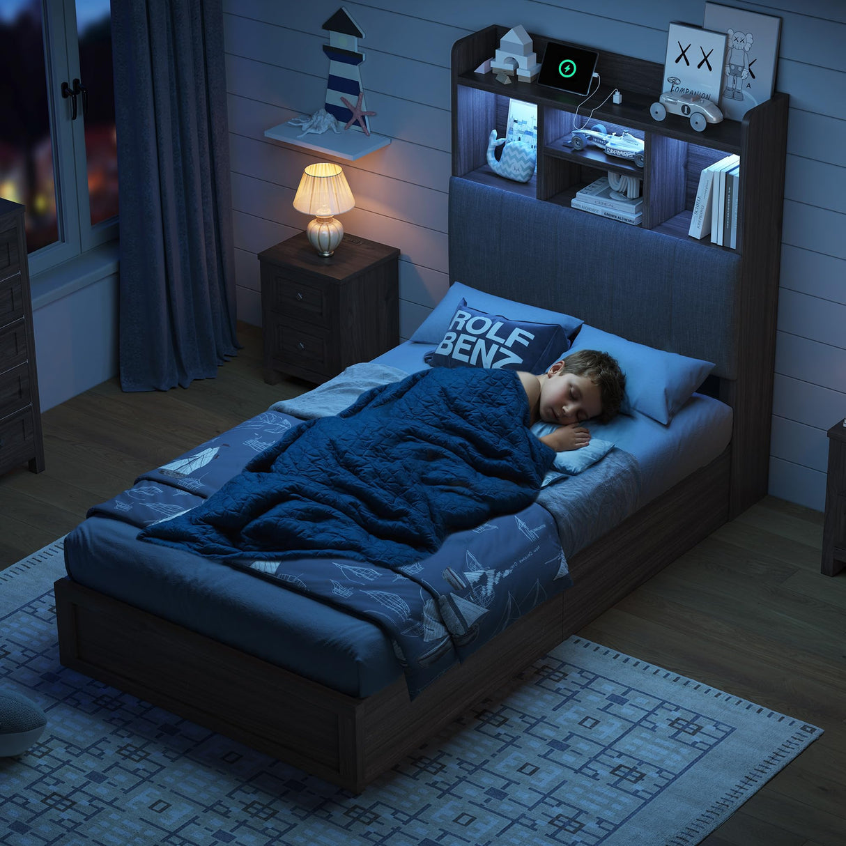 AMERLIFE Twin Bed Frame with 51.2" Tall Bookcase Headboard, Farmhouse Platform Bed with 4 Storage Drawers, Linen Upholstered, Charging Station & Storage, Rustic Black AMERLIFE