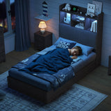 AMERLIFE Twin Bed Frame with 51.2" Tall Bookcase Headboard, Farmhouse Platform Bed with 4 Storage Drawers, Linen Upholstered, Charging Station & Storage, Rustic Black AMERLIFE