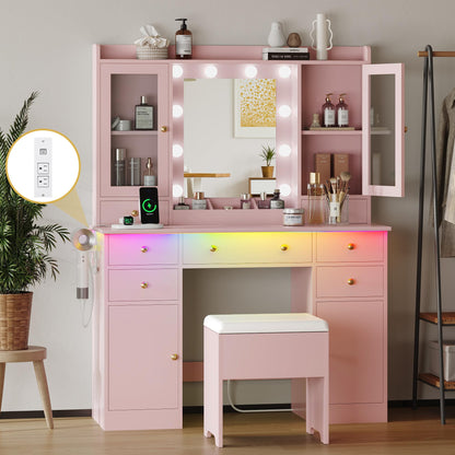 Makeup Vanity Desk with Mirror and Lights, Pink Vanity Table Set with Storage Drawers, Charging Station, Cabinets & Chair, Large Dressing Table with RGB Ambient Light for Women Girls Bedroom Bathroom