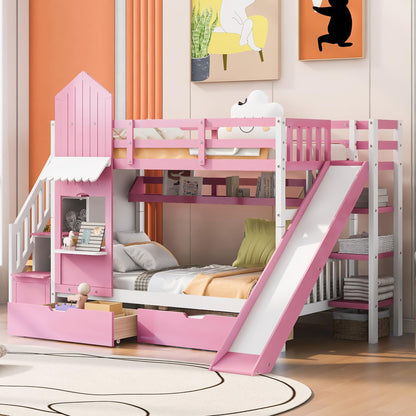 SOFTSEA Twin Over Twin Bunk Bed with Slide and Storage Solid Wood Bunk Bed Frame with Staircase and Drawers, Pink