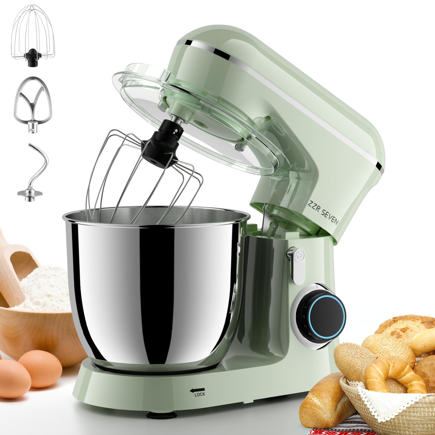 ZZR SEVEN Stand Mixer, Dough Mixer, Cake Mixer, Kitchen Mixer with Bowl SS 5.5 QT, 450W Copper Motor, Standing Mixer with Beater, Dough Hook, SS Egg Whisk (450W Green)