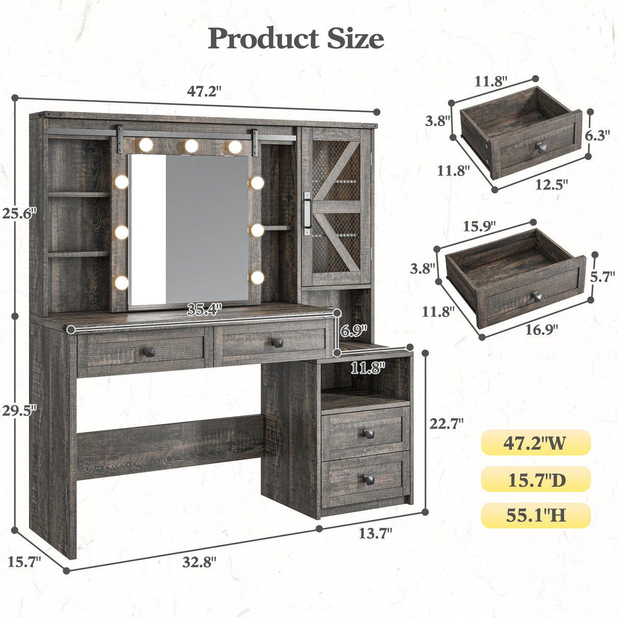 EnHomee 47.2"W Farmhouse Vanity Makeup Vanity Desk with Mirror and Lights,Vanity Table with 4 Drawers & Shelves Big Makeup Desk with Charging Station for Bedroom, Dark Rustic Oak (Stool not Included) EnHomee